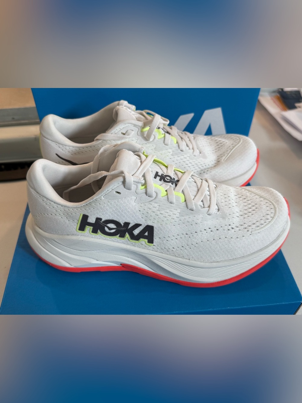 Hoka White Running Shoes with Neon Yellow and Coral Trim